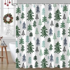 Christmas Tree Shower Curtain, Green Pine Xmas Tree Winter Snowflake Forest N...