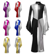 Kid Girls 70s Disco Costume Clubwear Shiny Metallic Jumpsuits Halloween Costume