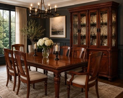 Cherry Dining Set + China Cabinet Table Chairs Hand Carved Darvin MSRP $14K