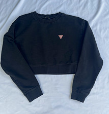 GUESS Women's Black Cropped Crew Neck Logo Pullover Sweatshirt Long Sleeve S