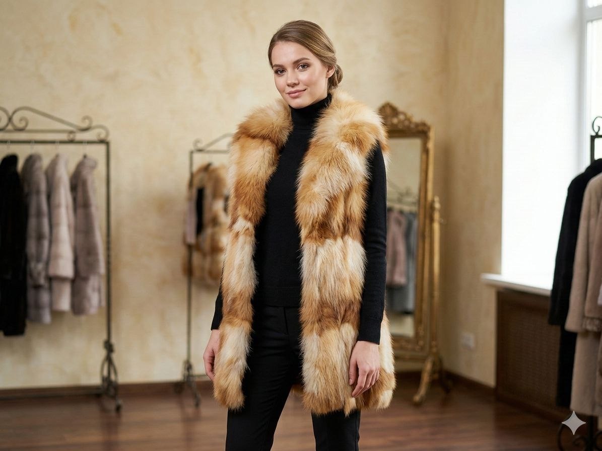 luxury women's vest made of natural royal fire fox fur, size m