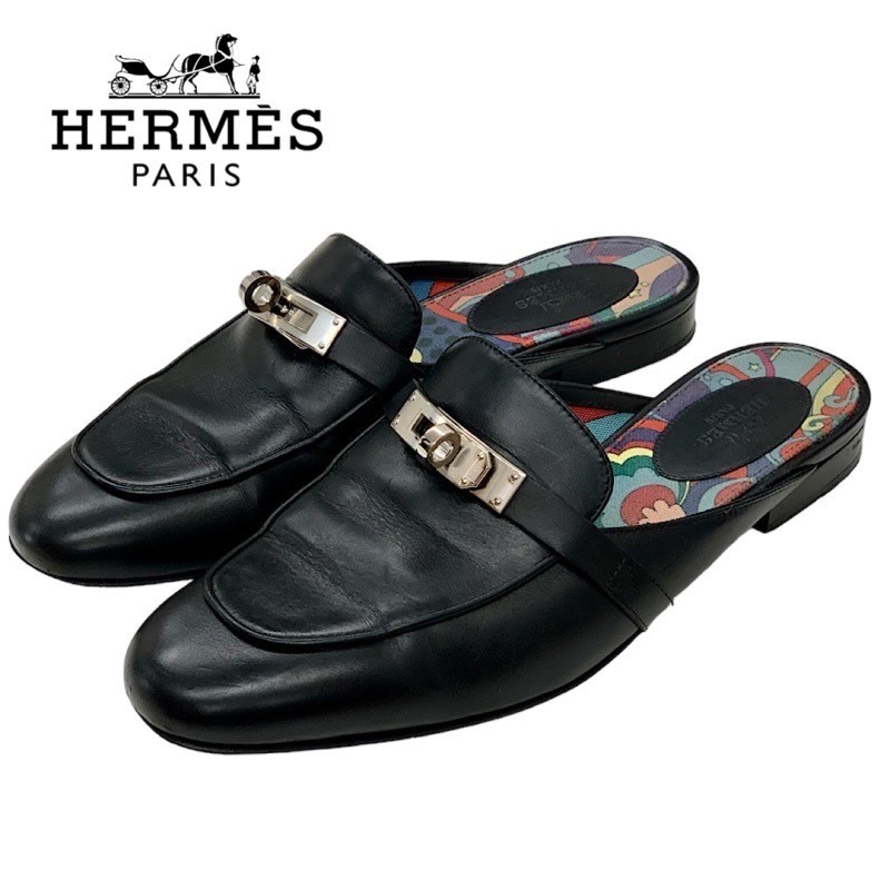 HERMES Flat shoes Sandals Shoes Kelly hardware Leather Black Size 37 US 7 woman thumbnail 13