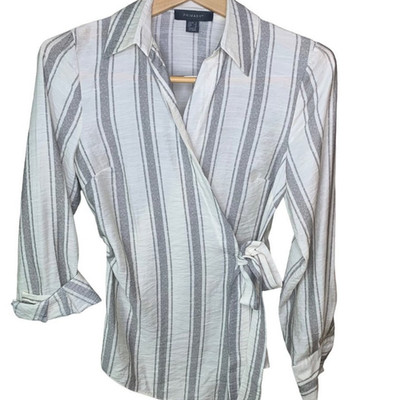 Primark Top Women's Size 2 Wrap Top Cream and Gray Cuffed Light Academia