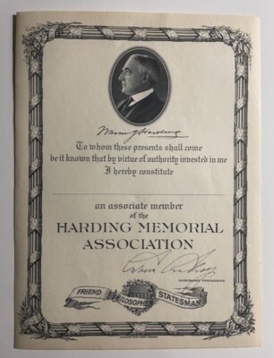 Warren G. Harding HARDING MEMORIAL ASSOCIATION certificate c. 1923