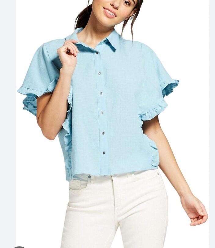UNIVERSAL THREAD light Blue Button Down Ruffle Sl… - image 2