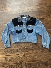 X & R Sport Sz Med Denim Jacket W/blk Suede Shoulder Yoke Silver Buttons