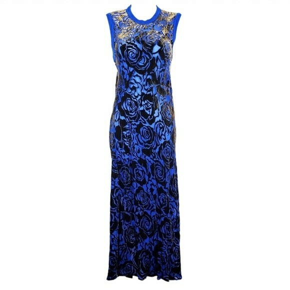 dkny blue velvet dress DKNY Prussian Blue Floral Velvet Burnout Midi Dress Sz Petite
