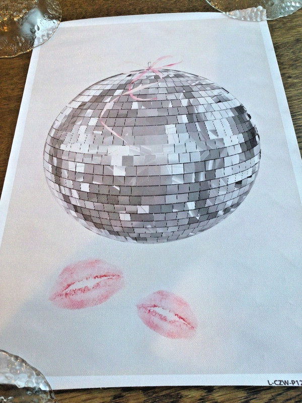 XyonlcVize Disco Ball w pink bow & lipstick kisses 12x18” vinyl canvas POSTER i