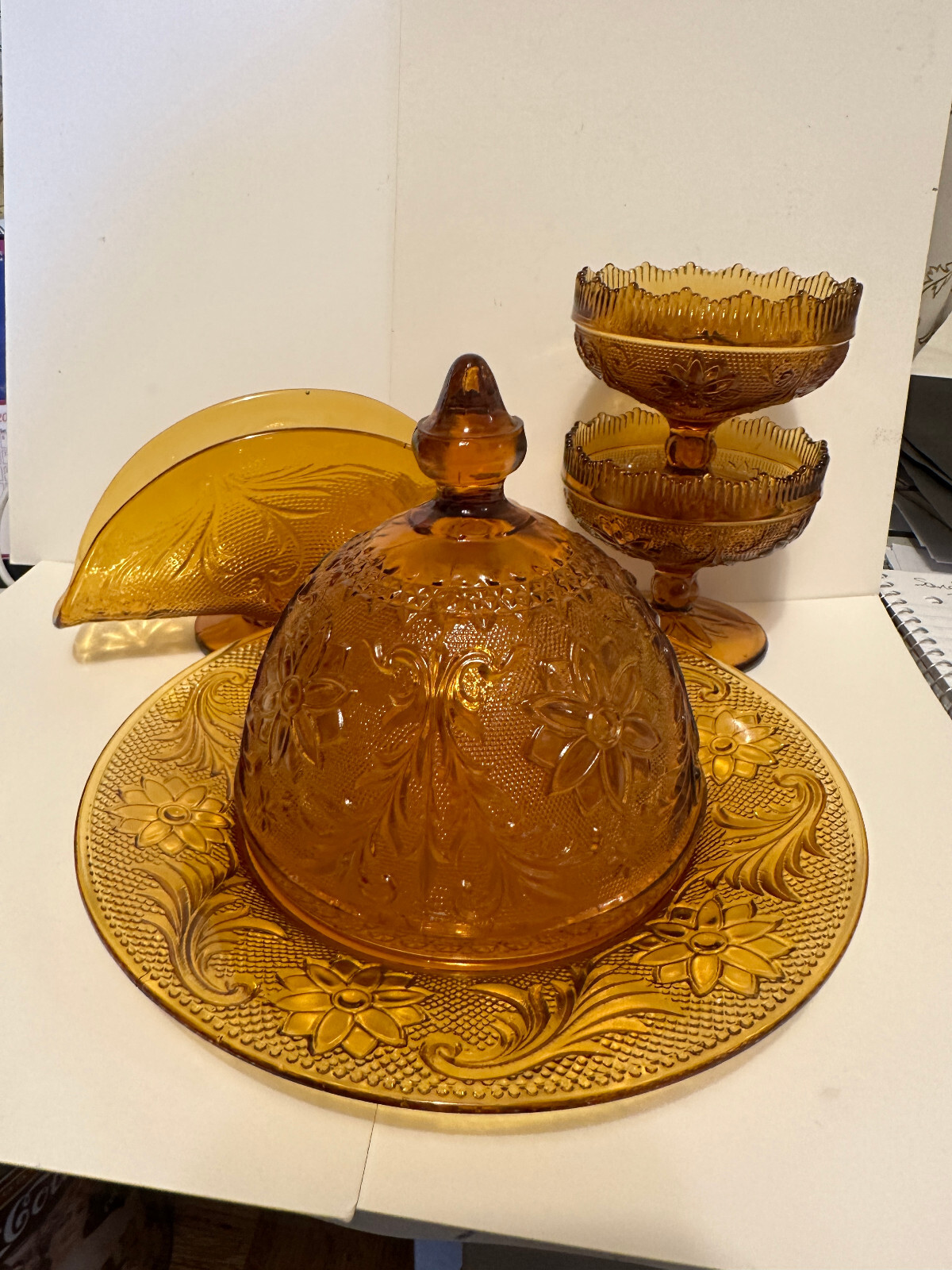 Tiara Amber Sandwich Pattern Napkin Candle Holder Set