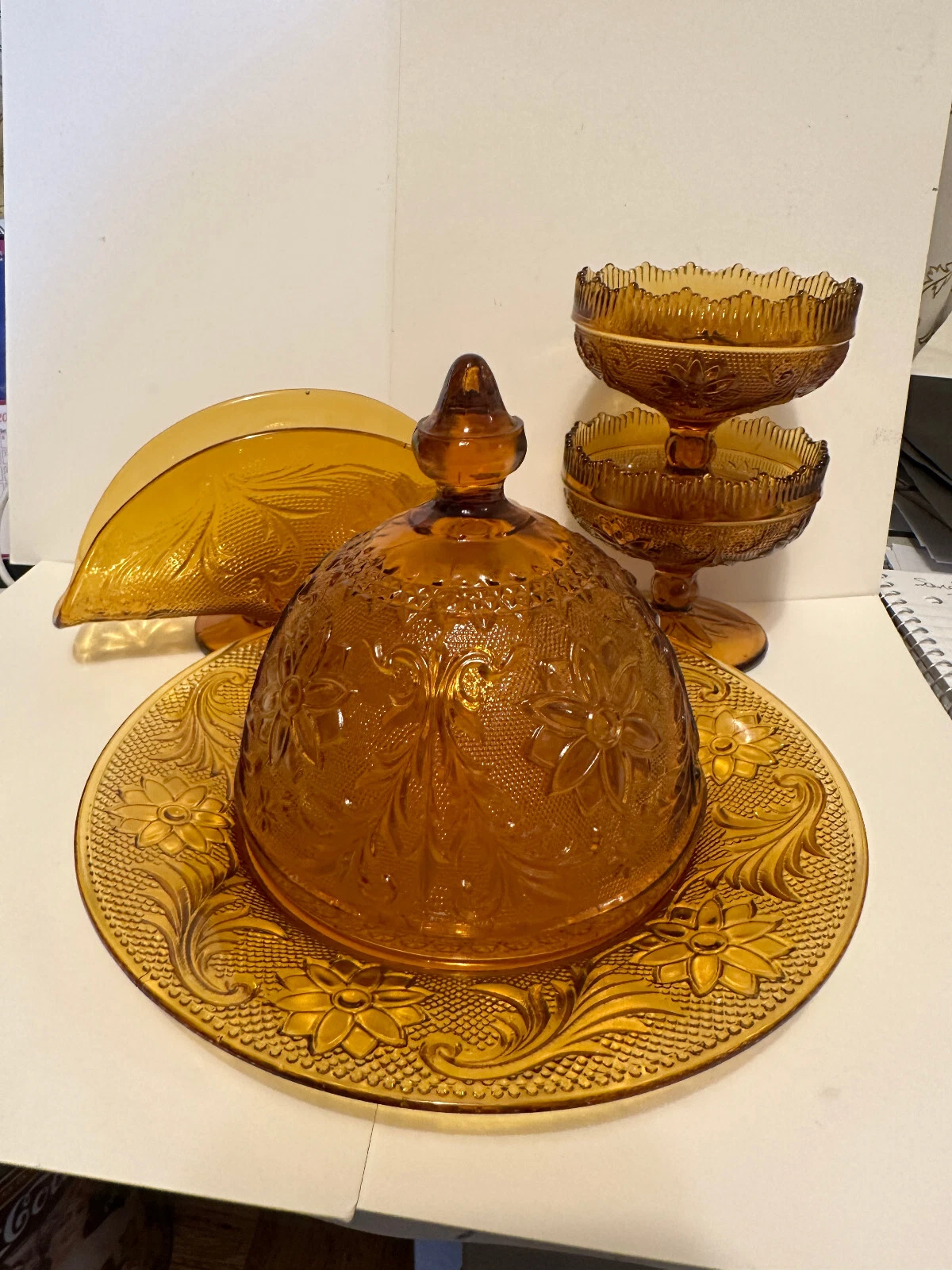 Tiara Amber "Sandwich" Pattern, Napkin, 2 Candle Holders & Domed Butter/Cheese