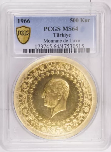 1966 Turkey 🌟Top Pop🌟 Gold 500 Kurush Monnaie De Luxe NGC MS64 KM# 874