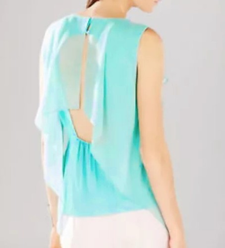 NEW BCBG MAXAZRIA IVORIE LIGHT AQUA RUFFLE KAFTAN FLUTTER OPEN BACK TOP SZ M - Picture 5 of 12