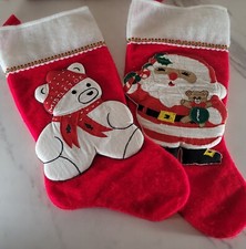 VINTAGE RED FELT SNOWMAN  SANTA CLAUS APPLIQUE CHRISTMAS STOCKINGS
