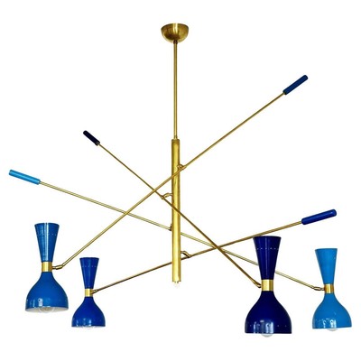 Quadriennale 4 Arms Brass Chandelier, Twin Shades, Contrappeso, 4 Hues of Blue