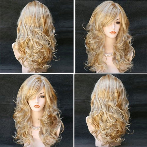 Fashion Long Blonde Mix Wavy Curly Women's Lady Cosplay Hair Wig Full Wigs + Cap - Picture 3 of 6