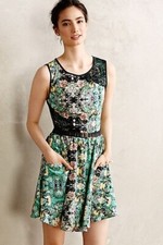 ANTHROPOLOGIE Water Garden Dress Green Floral Fit & Flare Sleeveless Lace Accent