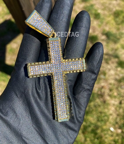 LARGE HOLY JESUS CROSS ICED BLING-ED OUT GOLD PT ALLOY CZ CHARM FASHION PENDANT - Picture 2 of 11