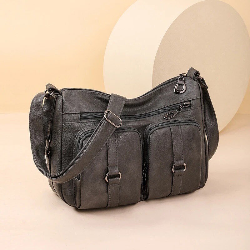 Women's Brown Leather-Look Messenger Shoulder Bag - Tote Satchel Purse With Multiple Pockets