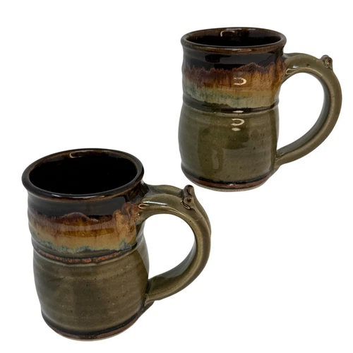 2 Vintage Hand Thrown Studio Pottery Coffee Mugs Pair Earthtones Retro Tableware