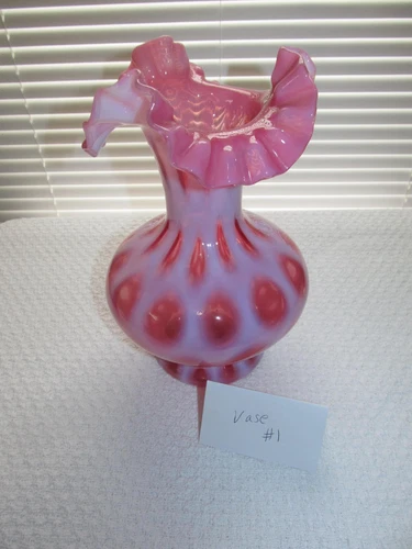 Fenton Cranberry Pink Opalescent Coin Dot Ruffled Top Double Crimped Vase 10 1/4