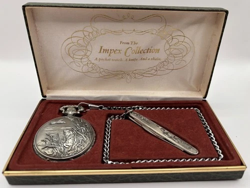 1982 Vintage Impex Swiss Made Pocket Watch and Chain - Game / Hunting / Shotgun