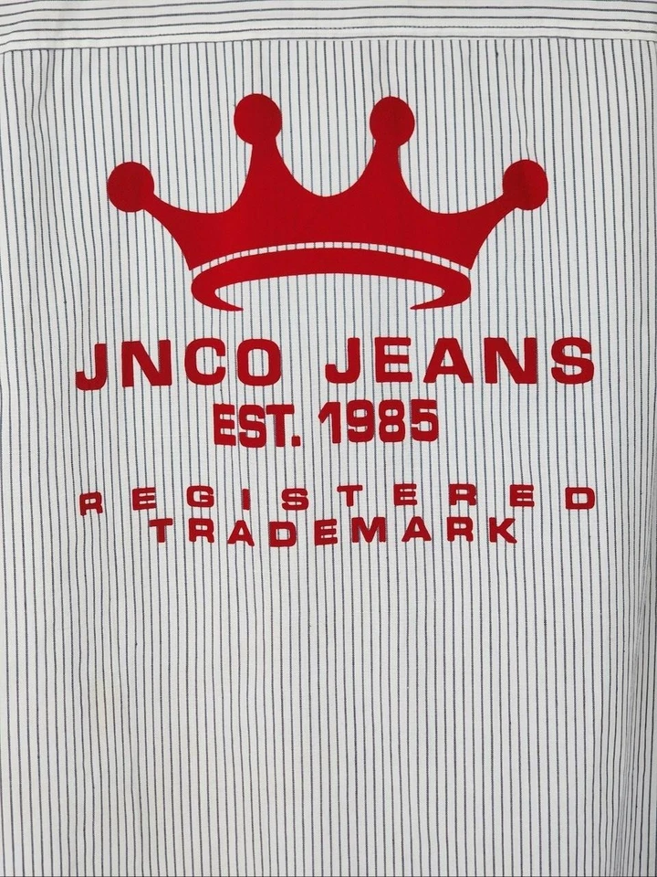 Camisa de mezclilla JNCO de colección para hombre grande blanca a rayas manga corta botón delantero Foto 4 de 4