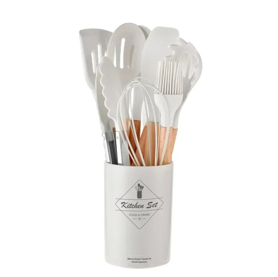 12 Pcs Silicone Kitchen Utensils Wooden Handle Non-Stick Cooking Set