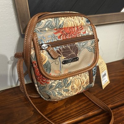 MultiSac Everest Mini Floral Crossbody Bag Zip Closure Beige/Brown Trim