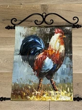 Rooster Impressionistic Original Art Oil Painting Canvas 15.5X12 Scroll Holder