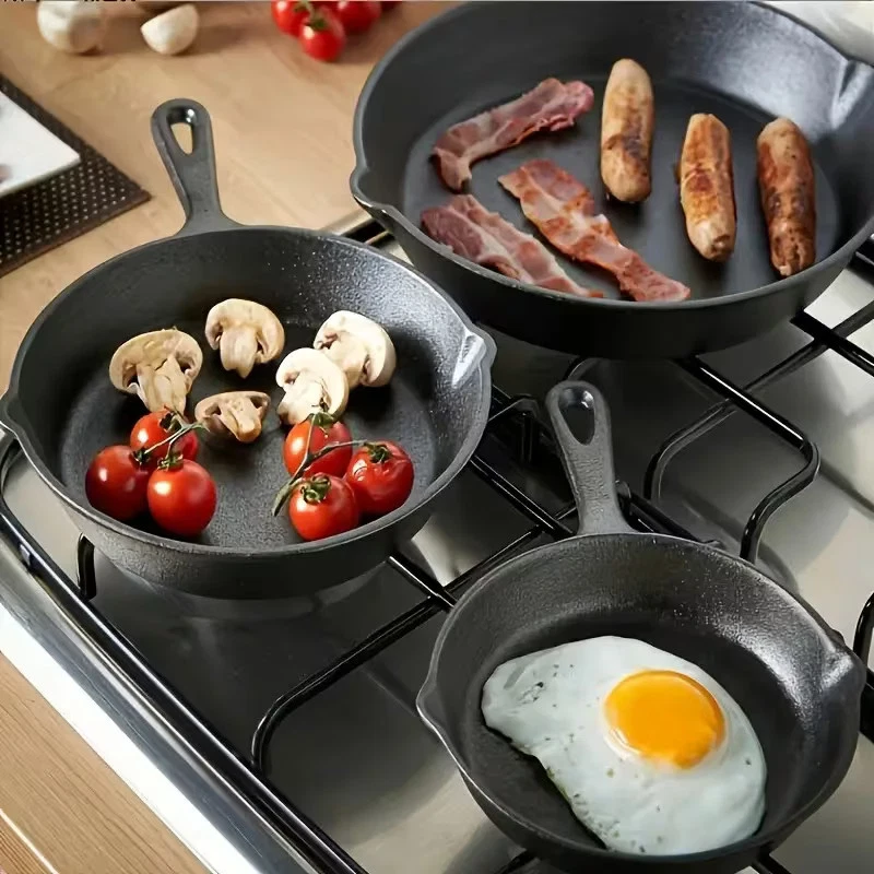 3er Set Gusseisen-Pfanne Pfannenset Bratpfanne Ausguss Grill Griff Feuerpfanne - Bild 2 von 4