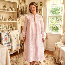 LANZ of SALZBURG Sz S Pink Tyrolean Floral 49" Flannel Nightgown Eyelet Trim NWT