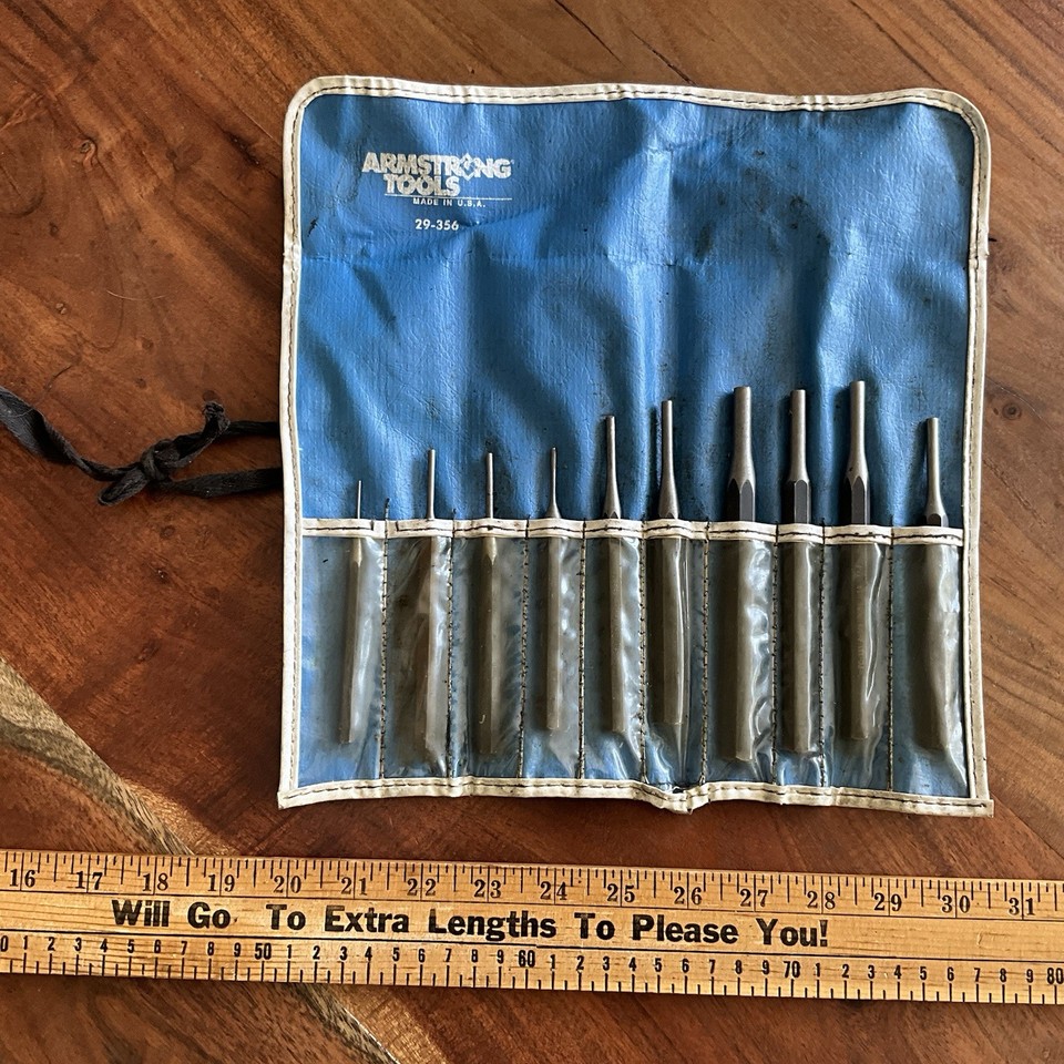 A complete 29-piece USA-made Armstrong punch set in its original roll-up canvas pouch — the kind of quality workshop tool that doesn't exist at this level anymore.