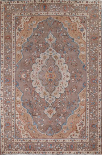 Handmade Brown Wool Area Rug 8x11 Vintage Over-Dyed Floral Living Room Carpet
