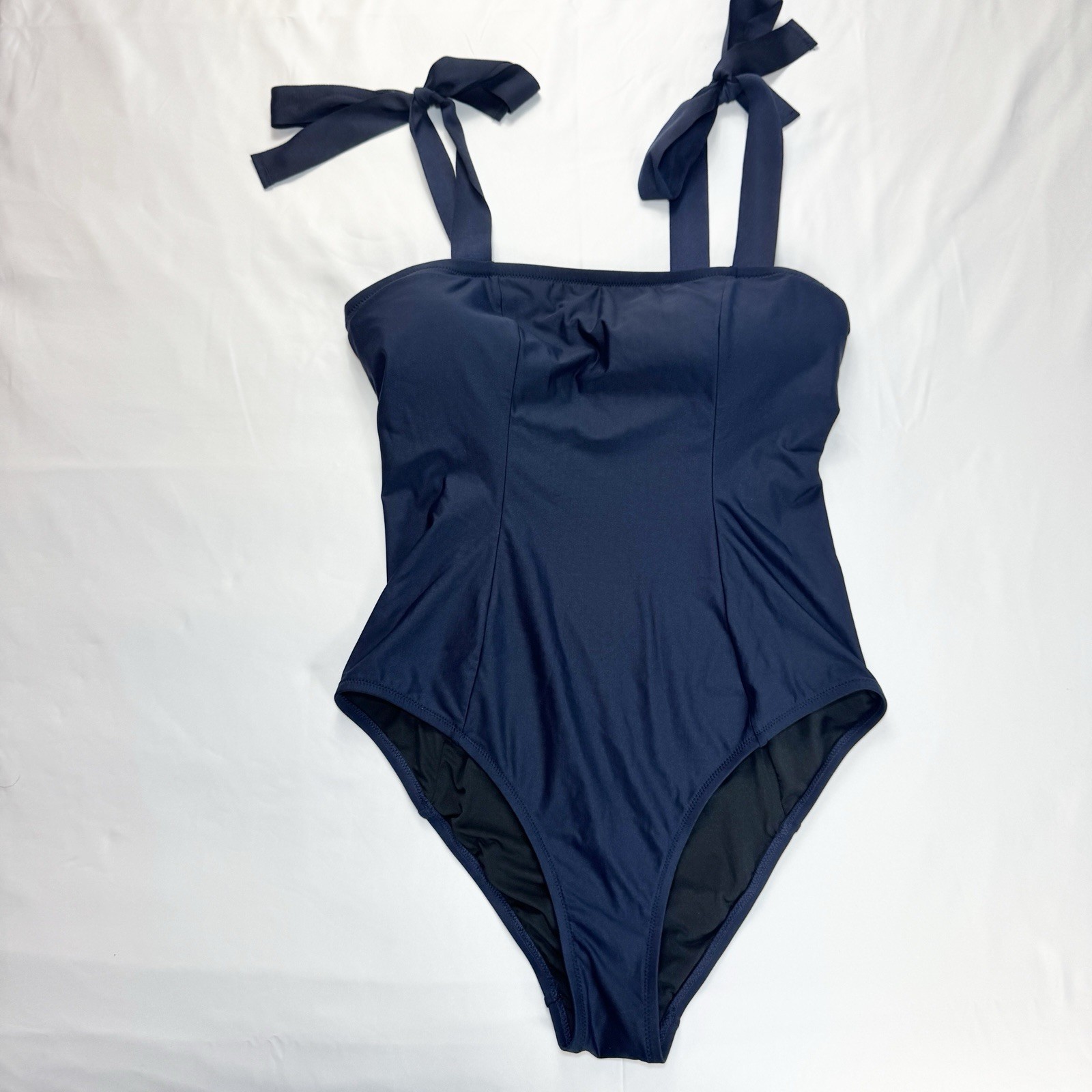J Crew Grosgrain Tie Bow Shoulder One Piece Navy Swimsuit Sz 12 Preppy Nautical
