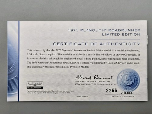 Franklin Mint 1971 Plymouth Roadrunner HEMI 1:24 Diecast w/COA - NEW - Picture 11 of 14