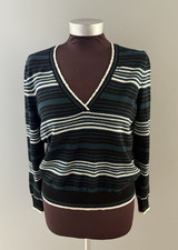 Veronica Beard Sweater Size L Green Striped Rosalin Merino Wool Lightweight