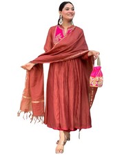 GoSriKi Women's Rayon Viscose Embroidered Anarkali Kurta with Pant  Dupatta