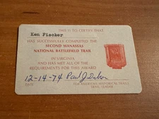 BSA, 1974 Second Manassas Battlefield Trail Completion Card (Virginia)
