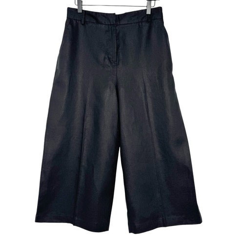 Womens 100% Linen Culotte Pants Size Medium Black Wide Leg High Waist Cropped