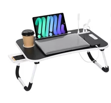 Foldable Laptop Tray Table Portable Bed Desk USB Ports Cup Holder Drawer - Black