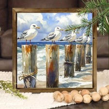 Watercolor Seagull Wooden Piling Wooden Sign Coastal Beach Farmhouse Wall Decor