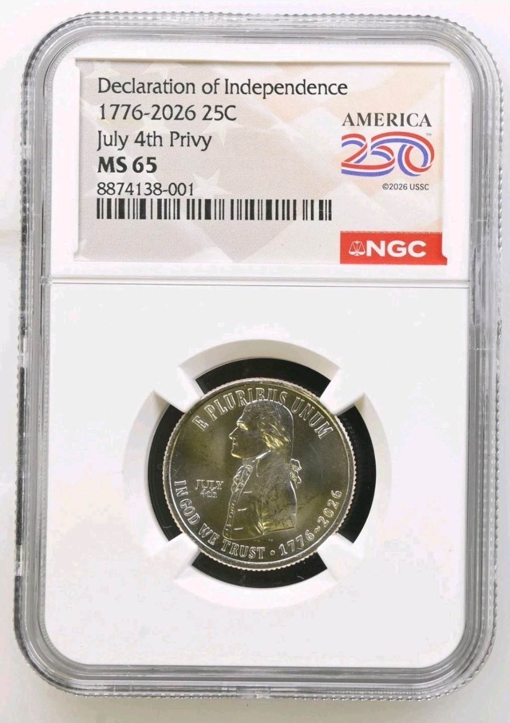 1776-2026 25C Declaration of Independence July 4th Privy Quarter NGC MS65