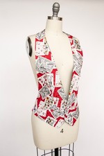 1990s Nicole Miller Silk Vest Tuxedo Backless Barback Cards Novelty Print