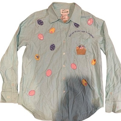 The Quacker Factory Easter Theme Button Up Shirt Pale Blue Embroidered *READ*