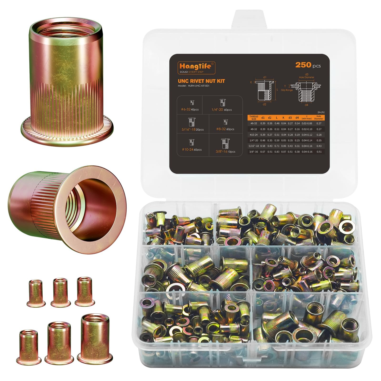 #6-32, #8-32, #10-24, 1/4"-20, 5/16"-18, 3/8"-16, Assortment Kit(240pcs)