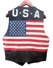 USA American Flag Black Leather Biker Vest Size M Snap Front Pockets Motorcycle
