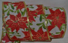 Wired Ribbon Christmas Poinsettia Holiday Red Flower Gold White 2.5" Gift Bow
