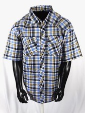 Men Plaid Western Pockets Short Sleeve Shirt Blue Yellow Snap Up 3X, 4X