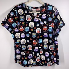 ScrubStar scrub top womens M owls pockets v-neck black 100 cotton medical vet