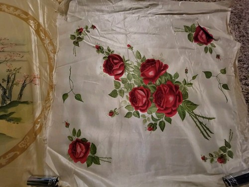 Vintage Asian Japanese Tapestry Tablecloth Rose Waterfront Scene Lot - Picture 3 of 3